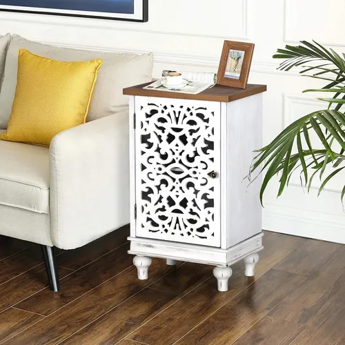 Miniatura 16 de MAISON ARTS Gabinete de Acento Pequeño con Una Puerta, Gabinete de Almacenamiento Calado Mesa Lateral Envejecida con Patas de Madera Sólida para Azul