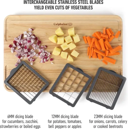 Miniatura 3 de Calphalon Aero Picadora de verduras, picadora de alimentos 5 en 1 con recipiente, cortador manual de verduras con cuchillas intercambiables de acero