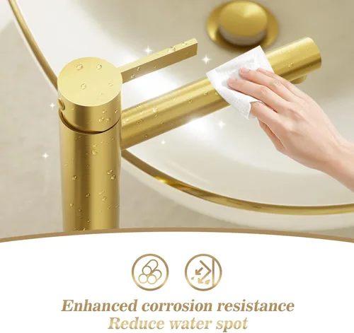 Miniatura 5 de Phiestina FH01-BG-V - Grifo de lavabo de baño de oro cepillado, un solo agujero, grifo alto de baño de una sola manija, con drenaje desplegable