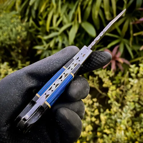 Miniatura 4 de AR Damascus - Cuchillo plegable de bolsillo hecho a mano para supervivencia al aire libre, hecho de mango de madera y acero de Damasco, junto