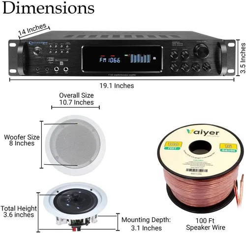 Miniatura 2 de Technical Pro Kit de sistema de sonido de cine en casa, amplificador Bluetooth de 7.2 canales de 1500 vatios con 6 altavoces de techo enmarcados