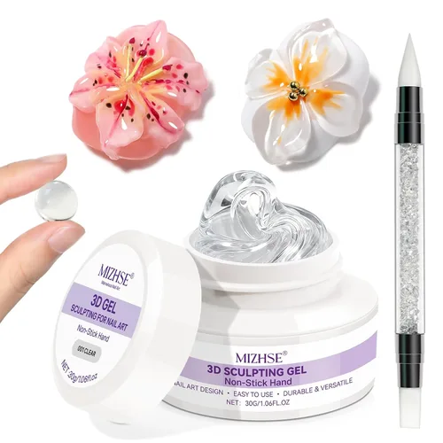 MIZHSE Gel 3D de 1.06 oz para arte de uñas, gel transparente para esculpir uñas UV LED Soak Off Gel con lápiz de arte de uñas, diseño de uñas,