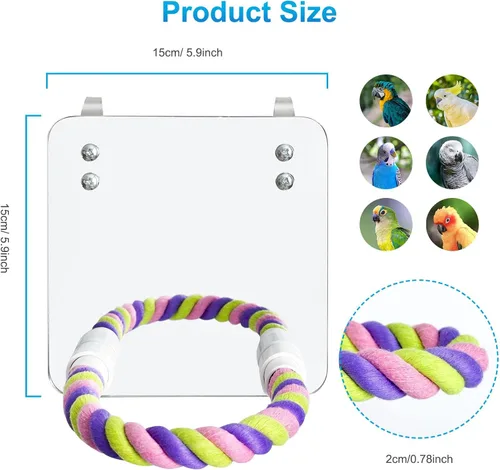 Miniatura 2 de Espejo de pájaro de 5.9 pulgadas con cuerda, perca, juguetes para pájaros, perca cómoda para grises, amazonas, periquitos, cacatúas, conure