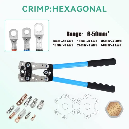 Miniatura 2 de Herramienta de prensado de terminales de cable de batería 10-1 AWG, engarzadora de alambre resistente para terminales de anillo de alambre
