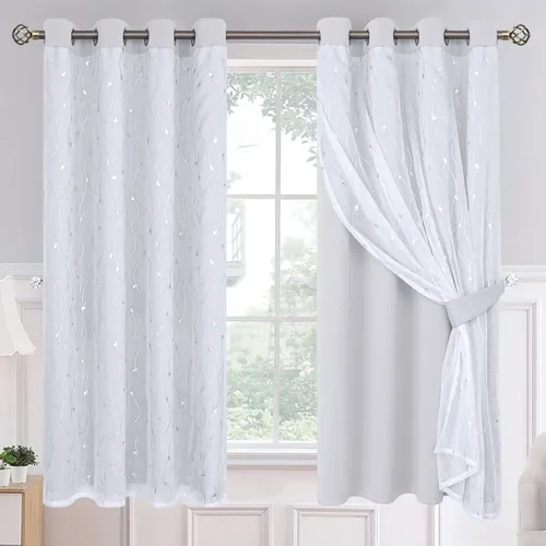 Miniatura 26 de BGment Cortinas de oscurecimiento de habitación con superposición transparente, cortinas de tul estampado plateado de doble capa para sala de estar