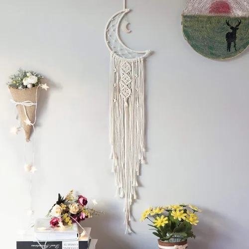 MOONFLY Atrapasueños con diseño de luna y estrella hecho a mano, tejidos de algodón, atrapasueños de macramé boho, decoración de pared colgante,