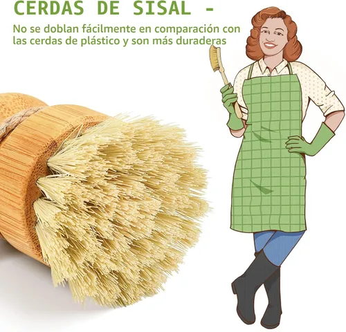 Miniatura 2 de SUBEKYU Cepillo de bambú para fregadero de cocina, cepillo de madera natural con cerdas de sisal para limpieza del hogar, ollas de hierro fundido