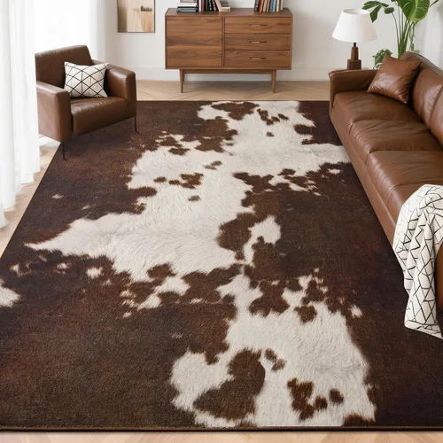 Foxmas Alfombras de 1,22 x 1,83 m para sala de estar, alfombra con estampado de vaca lavable a máquina, alfombra de pelo bajo antideslizante para