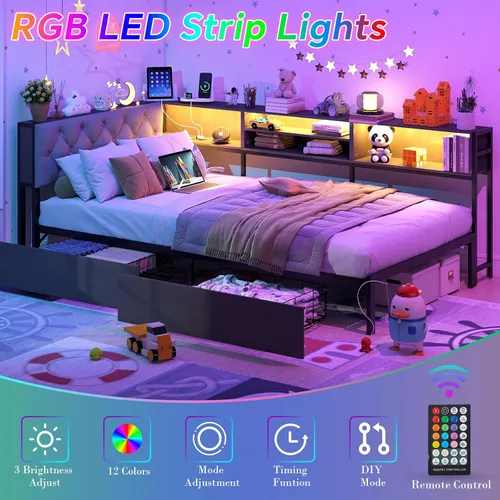 Miniatura 4 de Marco de cama de esquina tamaño twin con estante de almacenamiento y cabecero, cama de plataforma de esquina con luces LED y estación de carga, cama