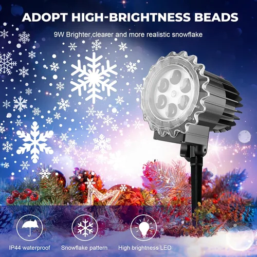 Miniatura 2 de Proyector de luces de copo de nieve para exteriores, 9 vatios súper brillantes, lámpara de nevada, proyección de luz nocturna, luces LED