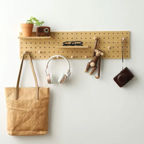 Tablero de Clavijas de Madera Modular para Exhibición Organización Almacenamiento Ganchos de Pared Estante (Color: Roble)