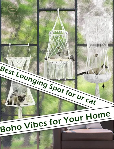 Miniatura 7 de KARCEEY Hamaca de macramé para gatos, cama colgante de macramé para gatos con cojín de hierba gatera y kit para colgar