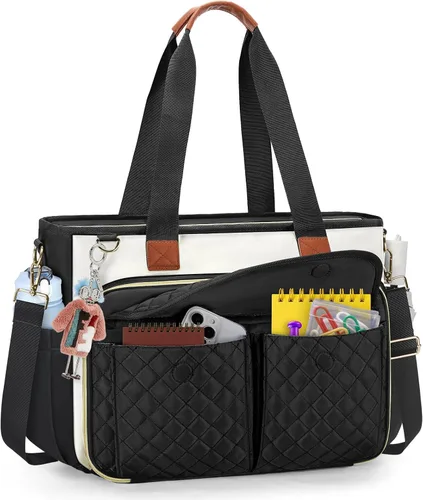 Miniatura 7 de Bolso de lona para laptop RAINSMORE para profesoras, bolsas de trabajo para mujer, bolso de 15.6 pulgadas con gran portavasos para enfermeras, bolso