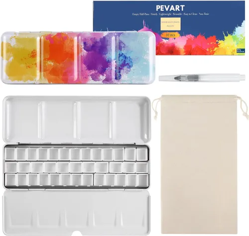 Miniatura 12 de PEVART Paleta de acuarela de lata de metal, Estuche vacío de pintura con 50 piezas de sartenes vacías y un lápiz de acuarela adecuado para paleta