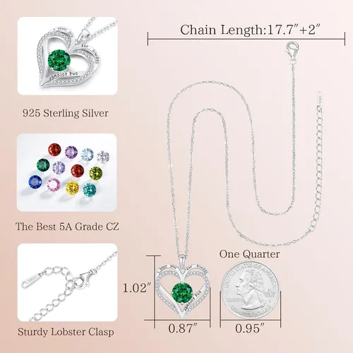 Miniatura 6 de LOUISA SECRET Love Heart Birthstone Necklaces for Women, Birthday Gift for Girlfriend, Anniversary Jewelry Gift for Wife Her, 925 Sterling Silver