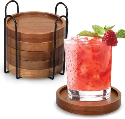 Miniatura 8 de 4 posavasos de madera de granja con soporte, lindo juego de posavasos de madera para bebidas al aire libre, decoración del hogar, decoración de mesa