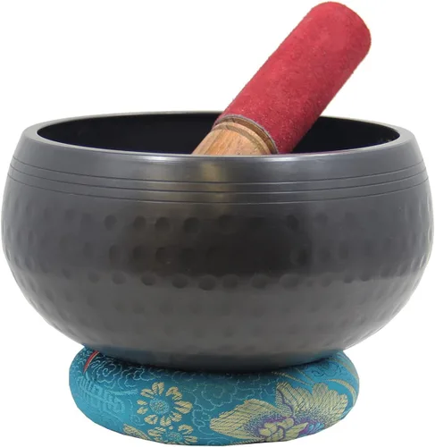 DharmaObjects Juego de mazo tibetano de 5.5 pulgadas con cojín de cuenco de canto martillado a mano oscura