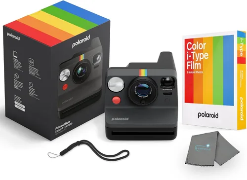 Polaroid Now - Cámara instantánea i-Type de 3ª generación + paquete de 8 películas a color i-Type, negro, paquete de cámara Polaroid con un paño de