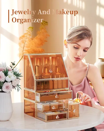 Miniatura 3 de Youdepot Organizador de maquillaje extra grande, almacenamiento de cosméticos de vidrio con cajones, organizador apilable de maquillaje y joyas
