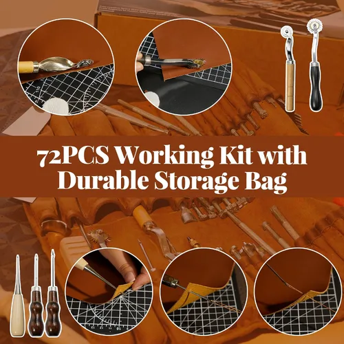 Miniatura 2 de FIOQE Kit de herramientas de cuero y manualidades para principiantes, 72 herramientas de cuero con bolsa de almacenamiento para coser, tallar