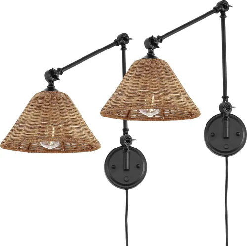 Miniatura 3 de WINGBO Lámpara de pared envuelta en ratán, lámpara de pared ajustable con brazo oscilante, lámpara vintage de mesita de noche, de mimbre, hecha a