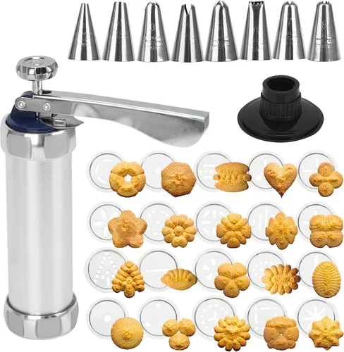 Prensa de galletas de acero inoxidable, prensa de galletas para hornear, kit de pistola de prensa de galletas con 20 discos de galletas y 8 puntas