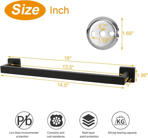 Miniatura 2 de TocTen Toallero de Baño - Base Cuadrada Engrosada SUS304 Barra de Toallas de Acero Inoxidable para Baño, Accesorios de Baño Varilla de Toallas Negro