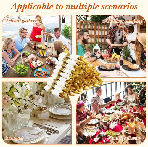 Miniatura 6 de Zubebe Juego de 800 cubiertos preenvueltos de plástico desechables con 200 tenedores, 200 cuchillos, 200 cucharas, 200 servilletas para bodas, Dorado