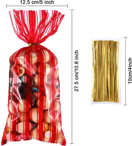 Miniatura 2 de Blulu 100 bolsas de plástico para carnaval, circo, fiesta, golosinas, con estampado de rayas rojas y blancas, celofán transparente, con 100 lazos