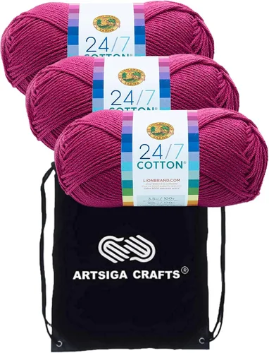 Miniatura 57 de Lion Brand 24/7 Algodón Rosa 761-101 (3 carretes - mismo lote de tinte) Hilado medio #4 de algodón para crochet y tejer con bolsa de proyecto