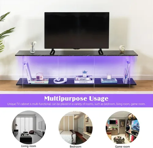 Miniatura 5 de Soporte de TV LED, mueble de consola de madera con patrón de mármol de imitación de escritorio y luces LED, centro de entretenimiento moderno
