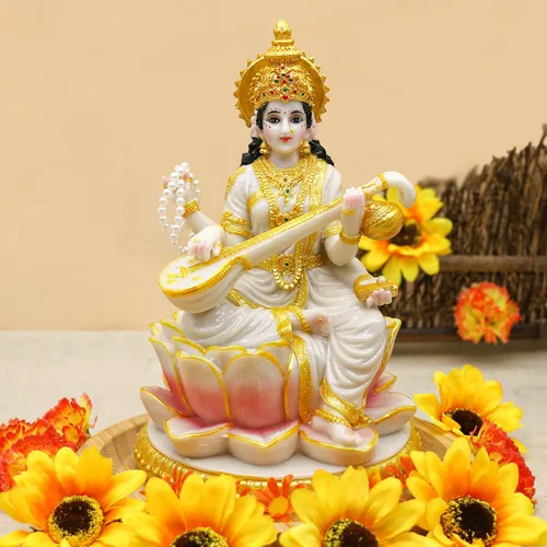 Miniatura 2 de alikiki Estatua de Saraswati de la diosa hindú grande, 8.7 pulgadas de alto, aspecto de mármol, ídolo indio Saraswati, escultura india Diwali Murti