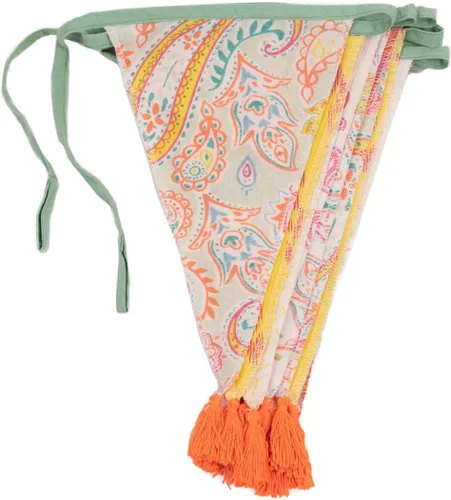 Talking Tables Banderines de tela bohemia amarilla y naranja con borlas, 10 pies, guirnalda de banderines de bandera triangular, 100% algodón,