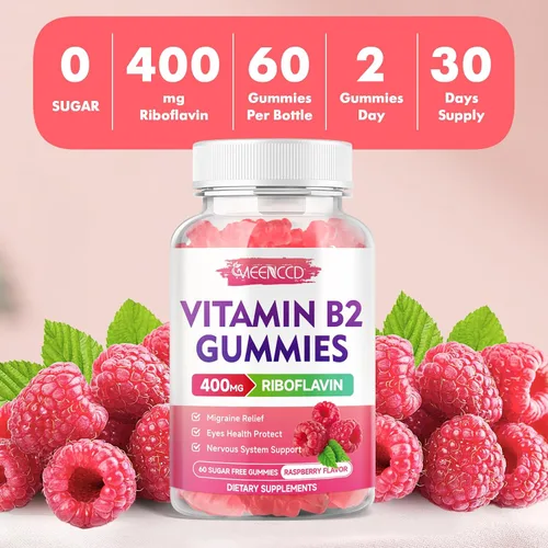Miniatura 8 de MEENCCD Paquete de 2 gomitas de vitamina B2, riboflavina, suplemento de 400 mg con magnesio para niños y adultos, gomitas B2 para alivio