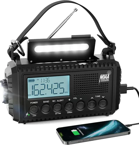 Raynic - Radio meteorológica NOAA, radio de emergencia solar con manivela de 5000 mAh/18 500 mWh, radio portátil a batería con AM/FM/SW/NOAA,