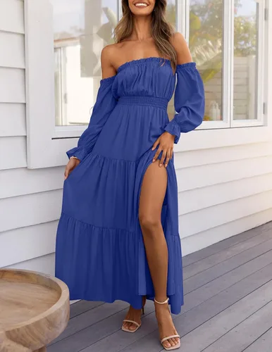 Miniatura 113 de ZESICA - Vestido largo, bohemio y sexy, con hombros descubiertos y manga larga fruncida, con elástico fruncido, cintura alta y abertura lateral