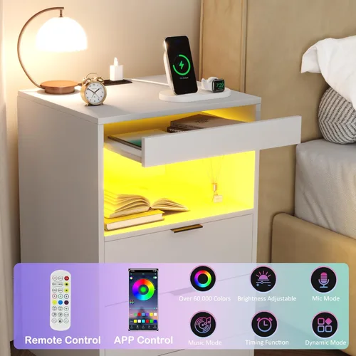 Miniatura 4 de Gadroad - Mesita de noche LED con estación de carga, mesa de noche con 3 cajones y luces LED, mesa auxiliar de sofá con estante extraíble