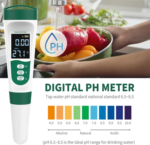 Miniatura 7 de Medidor de pH digital 5 en 1, con función de voz, PH/TDS/EC/Temp/Salt Pool Salt Tester, medidor de pluma impermeable y recargable para piscinas