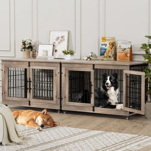 Miniatura 14 de YaFiti Mueble de jaula para perros con cojín, perrera de madera para interiores con puertas dobles, jaula para perros con ruedas, mesa auxiliar