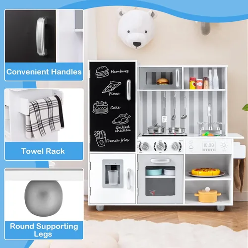 Miniatura 6 de Costzon Juego de cocina para niños, juego de cocina de chef de madera grande con sonidos y luces reales, microondas, pizarra, horno, máquina