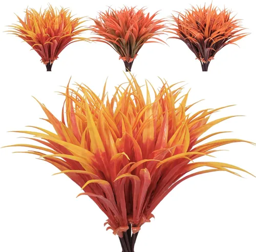 Miniatura 12 de 8 piezas flores artificiales de otoño para decoración al aire libre, plantas artificiales de otoño para exteriores, hierba amarilla artificial