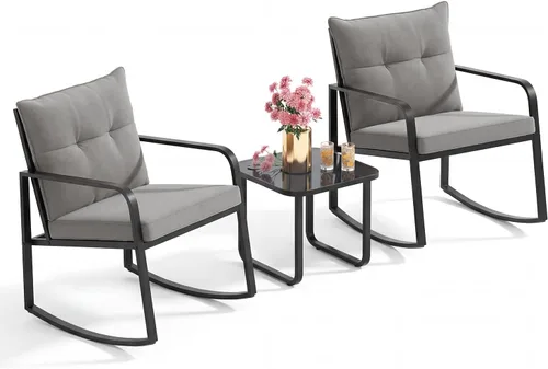 Gizoon Juego de 3 piezas de muebles de patio de acero negro, juego de conversación de sillas de porche con mesa de café de cristal, cojín de Cojín