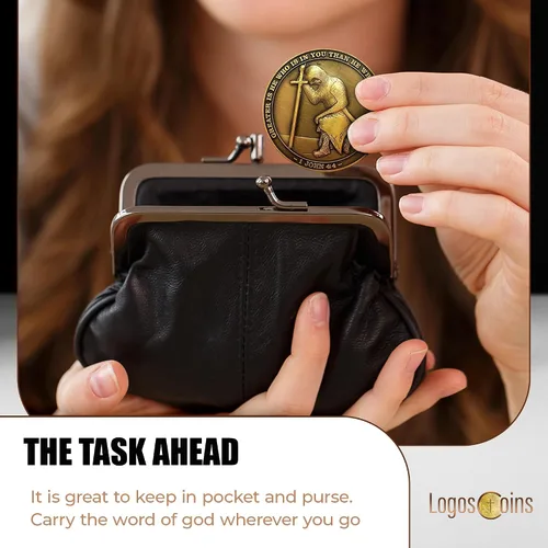 Miniatura 7 de The Task Ahead Coin, paquete a granel de 10, I Can Do All Things, monedas de desafío, chapado en oro antiguo, con un caballero templario arrodillado