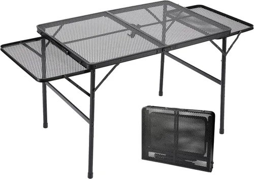 Miniatura 7 de Mesa de camping plegable grande – Mesa de parrilla de malla metálica con 2 paneles de alas 2 alturas ajustables Mesa grande de picnic y al aire