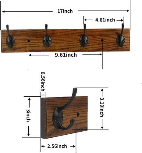 Miniatura 2 de Perchero Montado en la Pared, Perchero de Pared con 4 Ganchos Rústicos para Abrigos, Riel de Perchero de Madera de Fresno de 17" para Entrada
