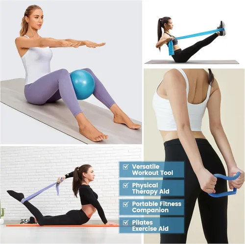 Miniatura 6 de Kit esencial de anillo de pilates para mujer, equipo de entrenamiento en casa con pelota de 9.8 pulgadas, bandas de resistencia, círculo mágico, Azul