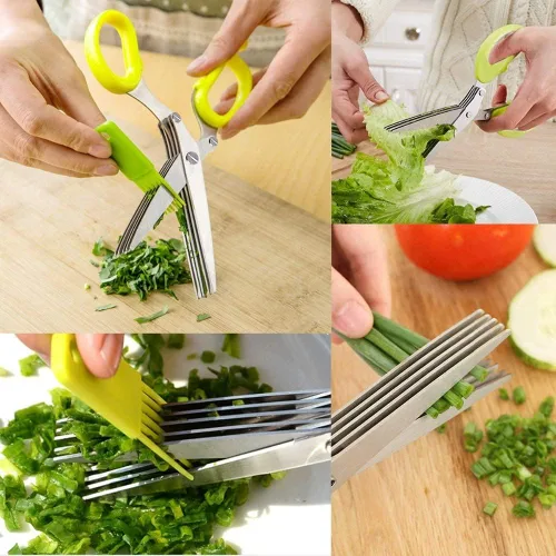 Miniatura 4 de Tijeras de cocina de acero inoxidable de 5 cuchillas, tijeras picadas de hierbas frescas y verduras de hoja verde, utensilios de cocina, cortador