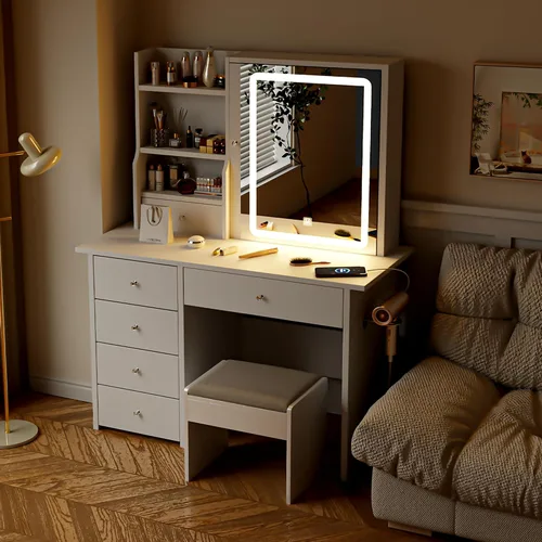 Miniatura 6 de Mesa de tocador ALEAVIC con espejo y luces LED, juego de tocador de maquillaje con toma de corriente y taburete, almacenamiento para joyas, mesa
