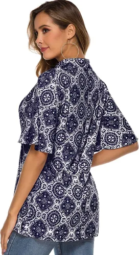 Miniatura 5 de HOCOSIT - Camiseta de manga corta con olanes y cuello en V con estampado de flores, plisada y abotonada, para mujer