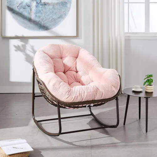 Miniatura 16 de Mecedora para patio al aire libre, cómoda silla mecedora de mimbre con cojín acolchado, silla de ratán de gran tamaño con marco de acero sólido